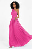 One Shoulder Chiffon Maxi Bridesmaid Dress Ruched Pleated Sleeveless Formal Evening Dresses