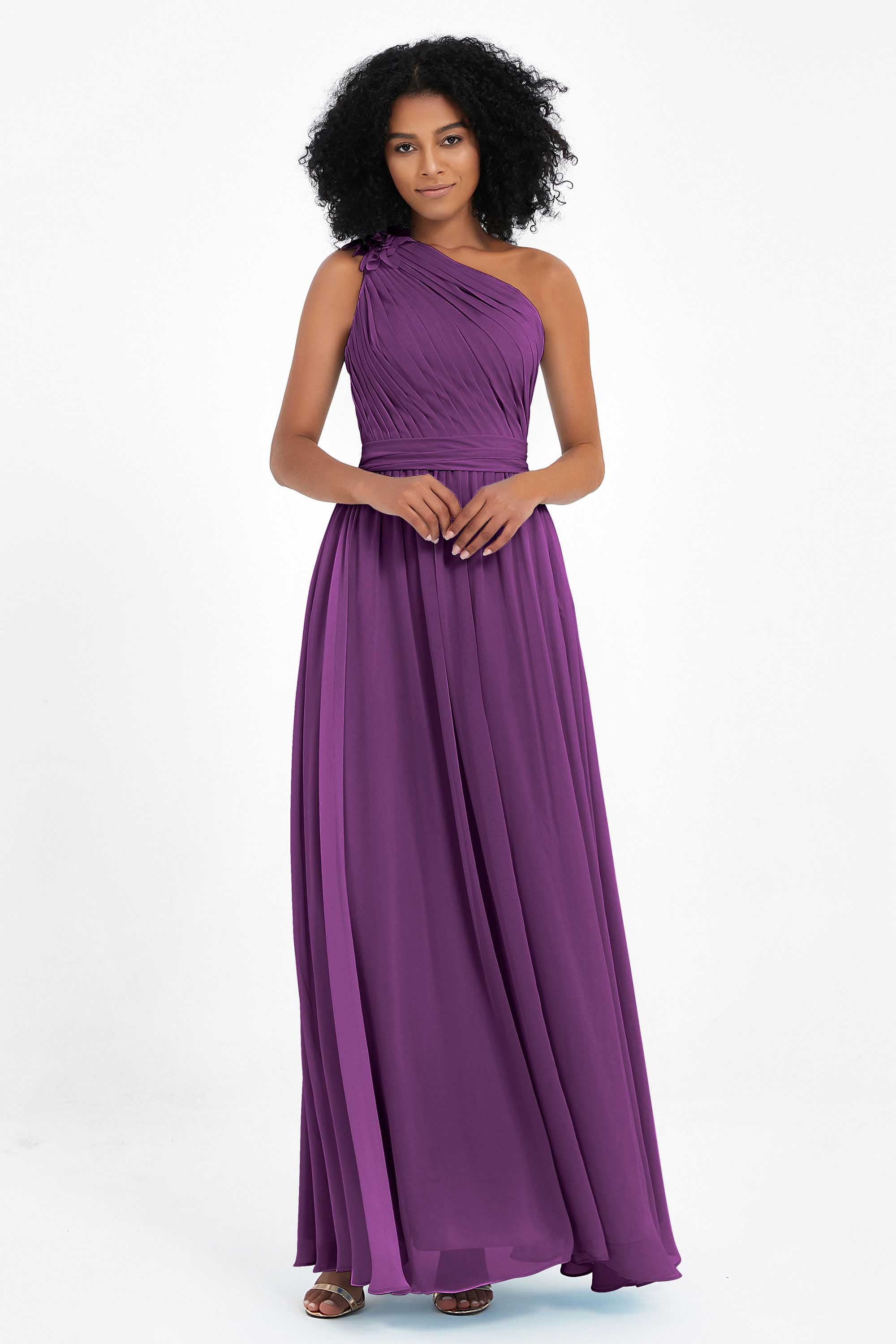 One Shoulder Chiffon Maxi Bridesmaid Dress Ruched Pleated Sleeveless Formal Evening Dresses