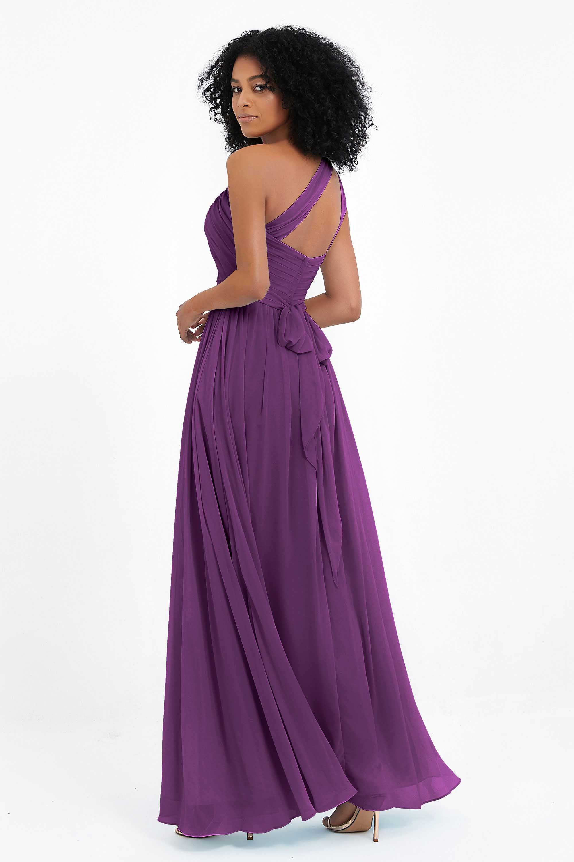 One Shoulder Chiffon Maxi Bridesmaid Dress Ruched Pleated Sleeveless Formal Evening Dresses