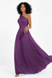 One Shoulder Chiffon Maxi Bridesmaid Dress Ruched Pleated Sleeveless Formal Evening Dresses