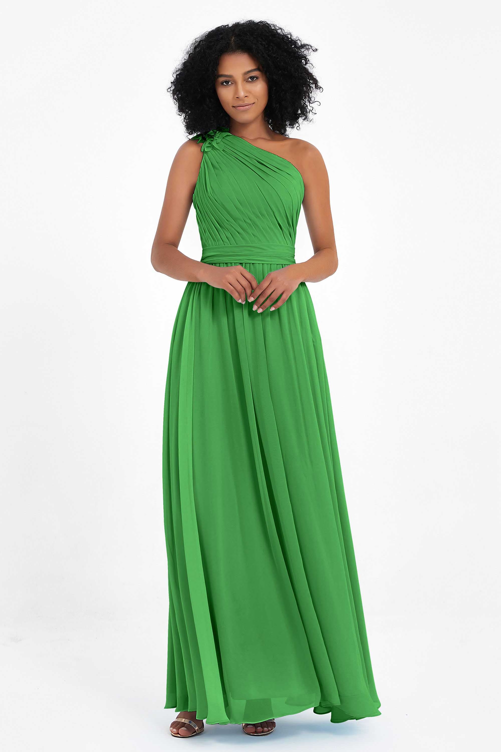 One Shoulder Chiffon Maxi Bridesmaid Dress Ruched Pleated Sleeveless Formal Evening Dresses