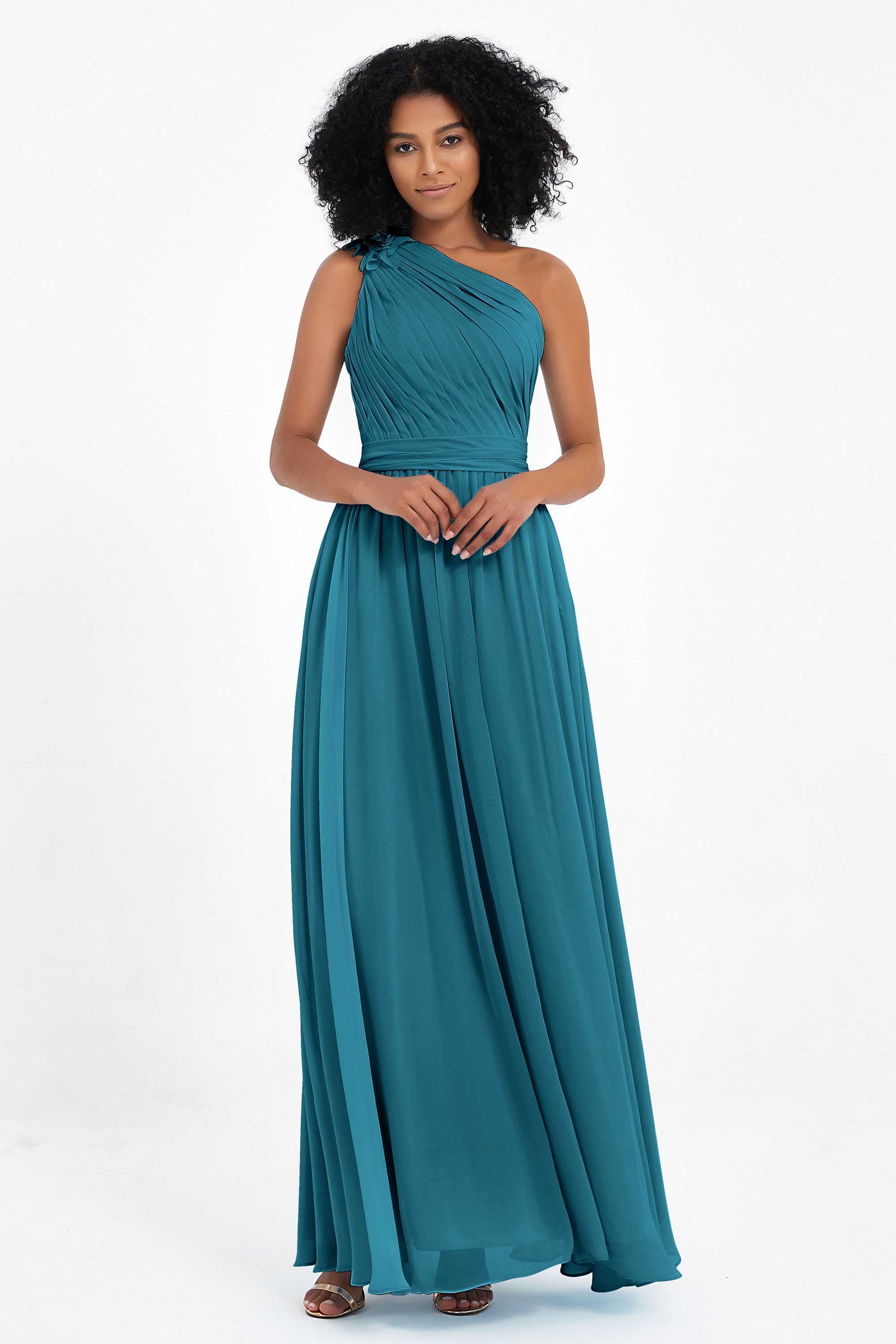 One Shoulder Chiffon Maxi Bridesmaid Dress Ruched Pleated Sleeveless Formal Evening Dresses