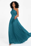 One Shoulder Chiffon Maxi Bridesmaid Dress Ruched Pleated Sleeveless Formal Evening Dresses