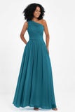 One Shoulder Chiffon Maxi Bridesmaid Dress Ruched Pleated Sleeveless Formal Evening Dresses
