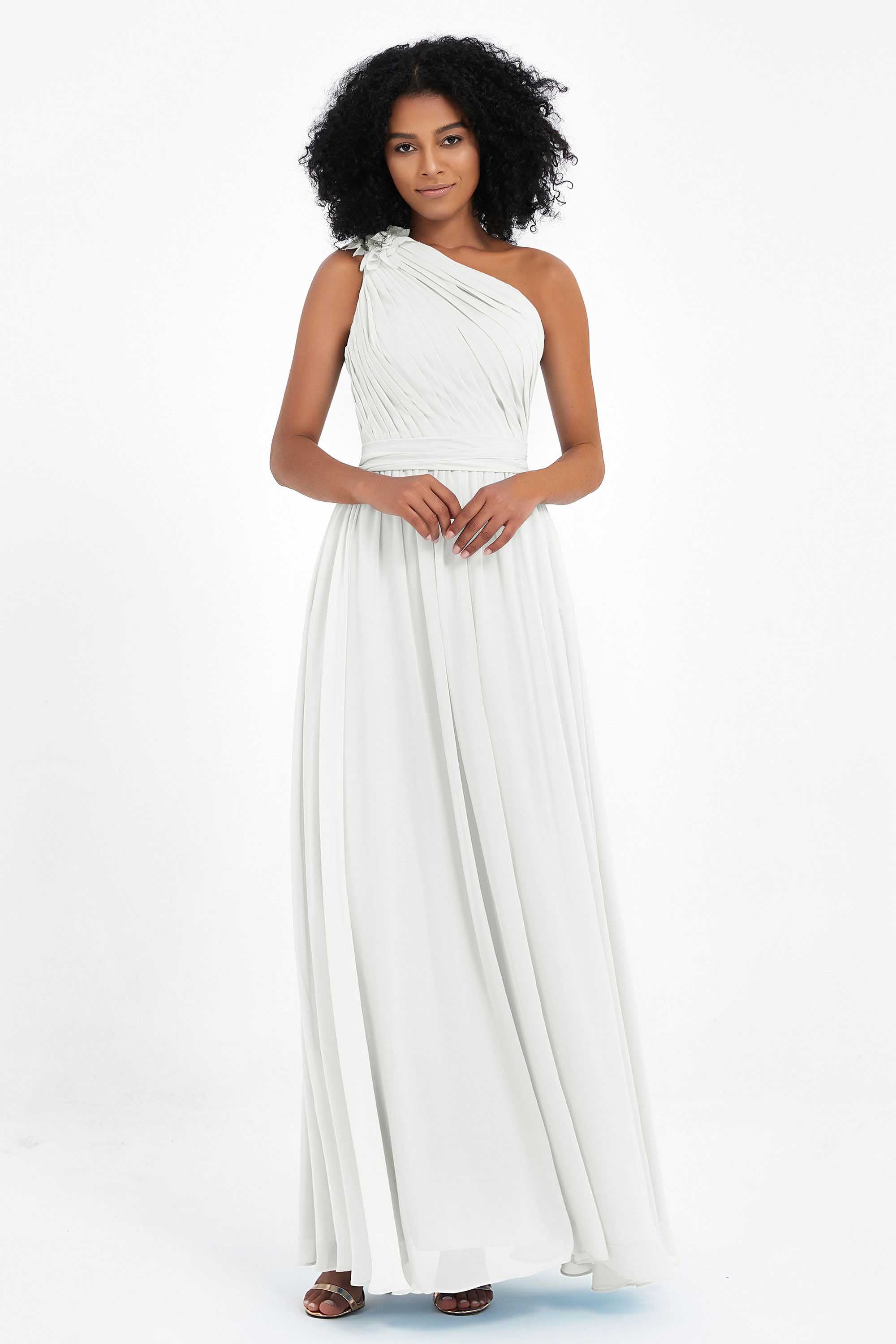 One Shoulder Chiffon Maxi Bridesmaid Dress Ruched Pleated Sleeveless Formal Evening Dresses