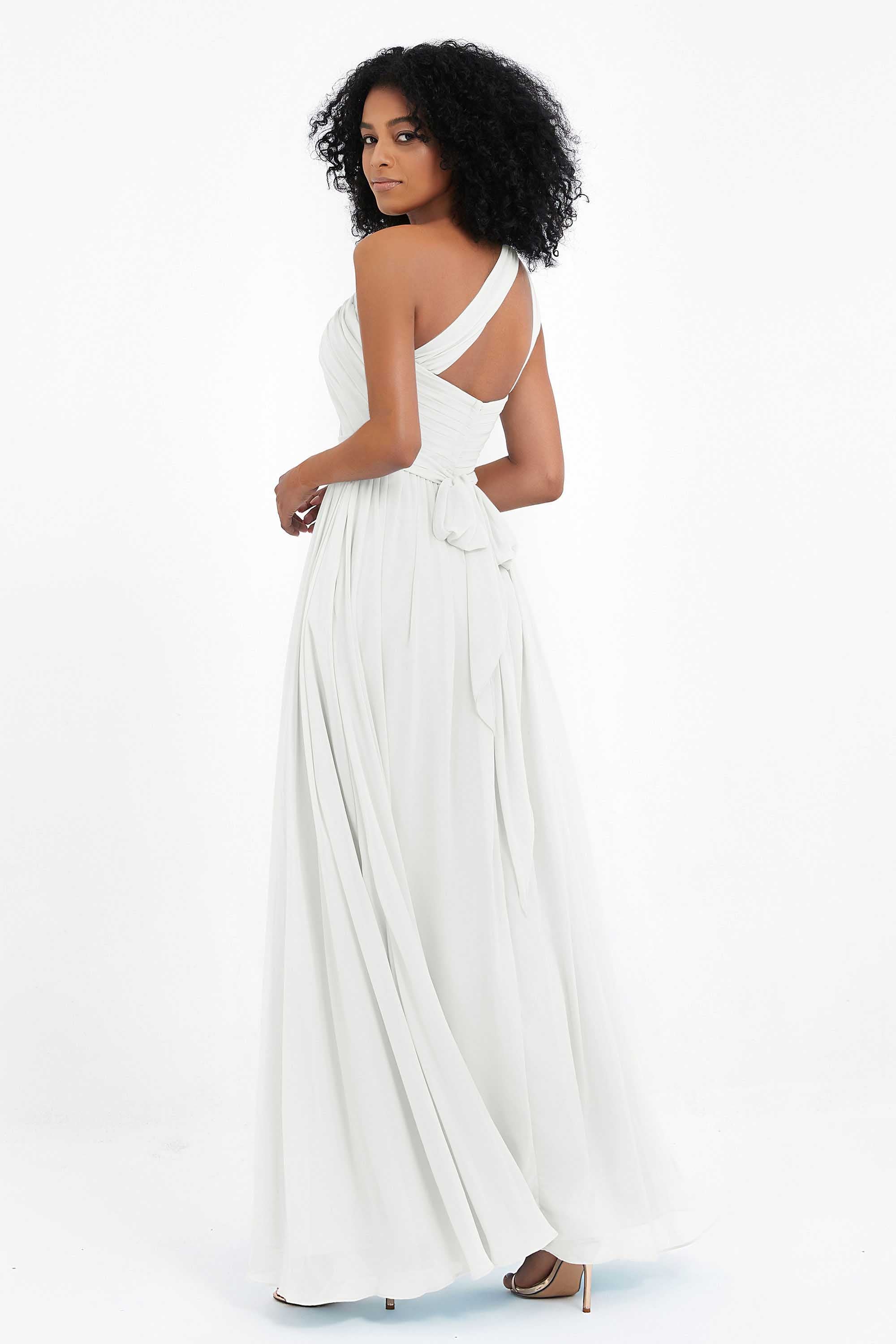 One Shoulder Chiffon Maxi Bridesmaid Dress Ruched Pleated Sleeveless Formal Evening Dresses
