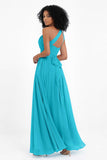 One Shoulder Chiffon Maxi Bridesmaid Dress Ruched Pleated Sleeveless Formal Evening Dresses