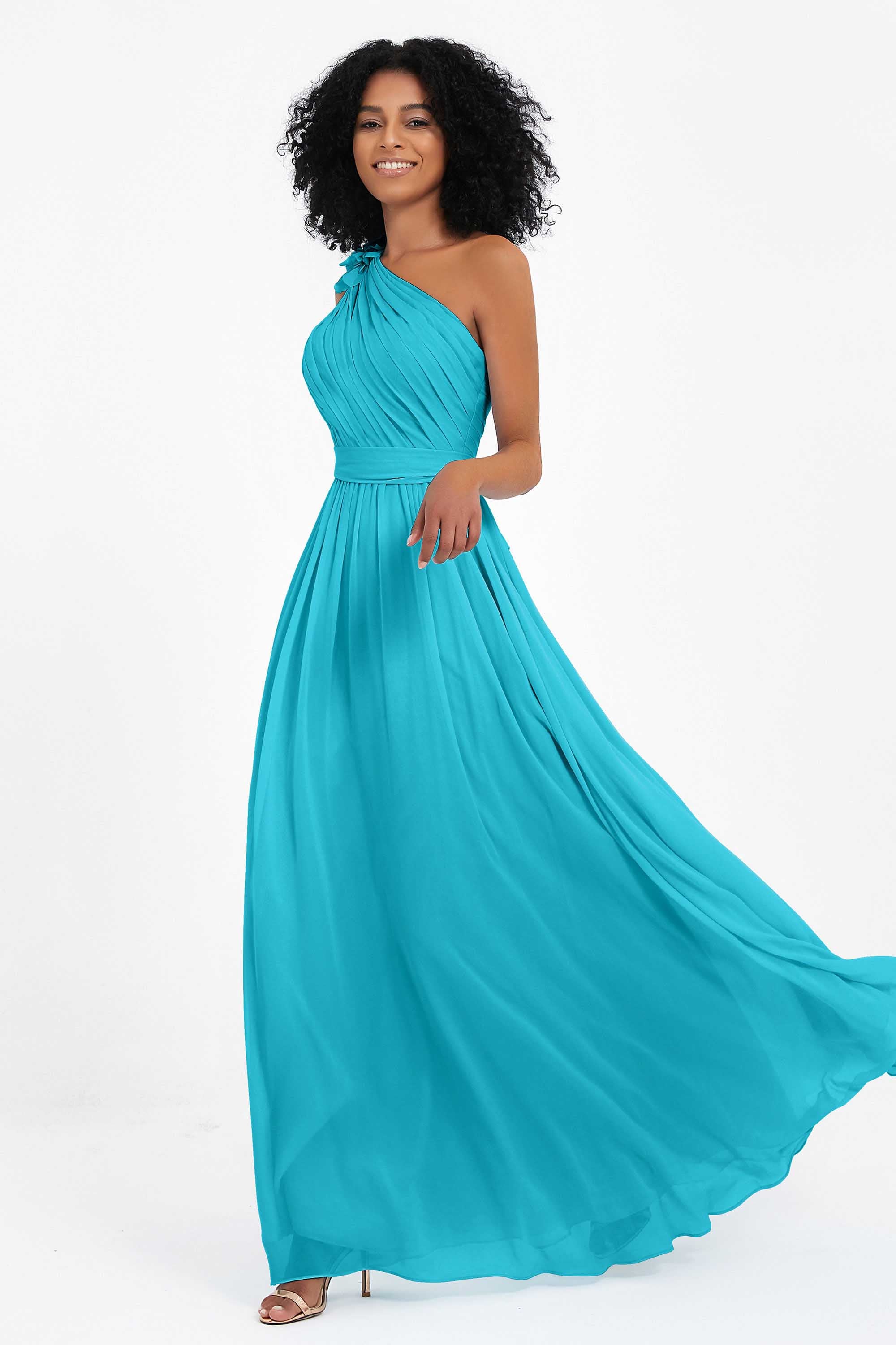 One Shoulder Chiffon Maxi Bridesmaid Dress Ruched Pleated Sleeveless Formal Evening Dresses