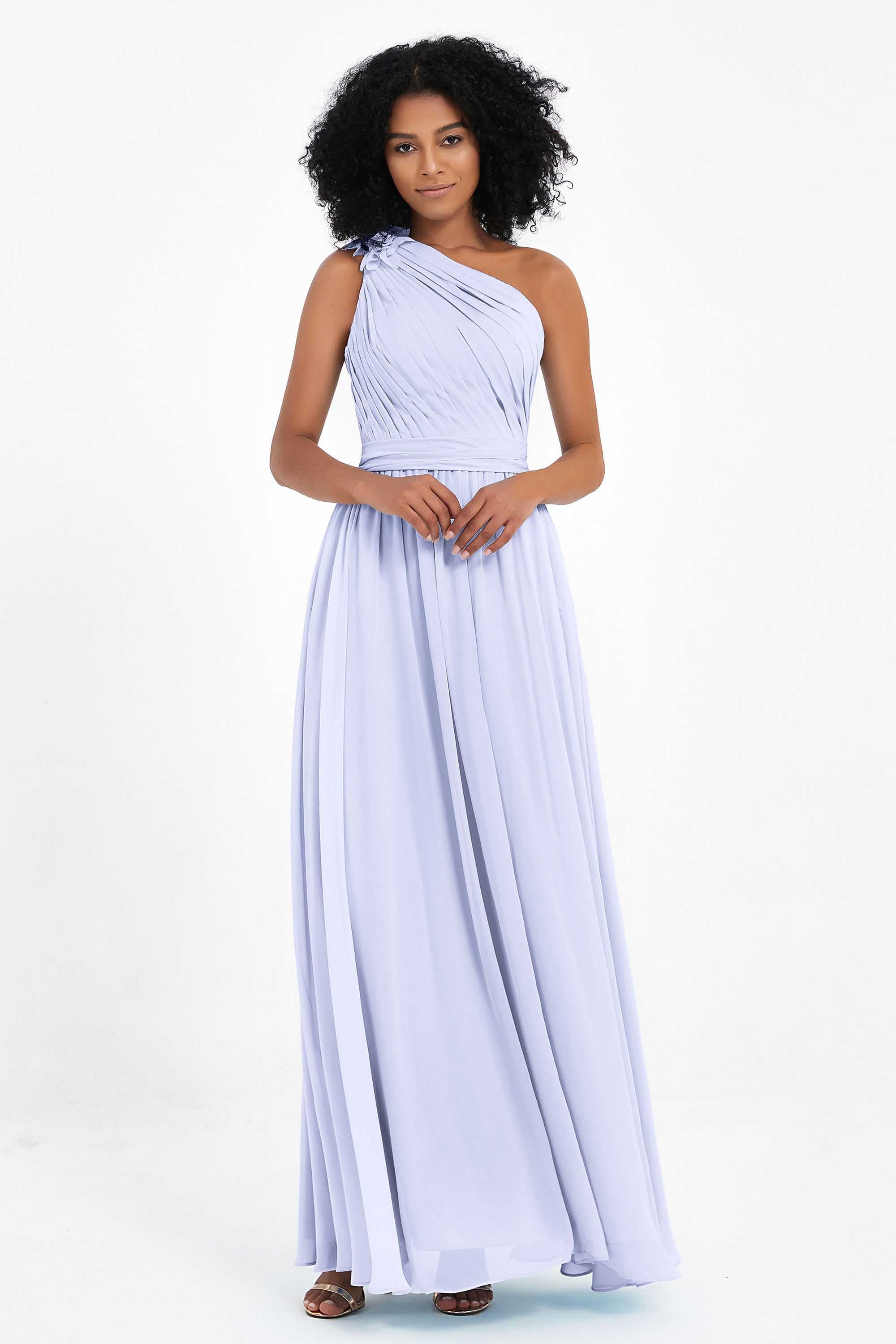 One Shoulder Chiffon Maxi Bridesmaid Dress Ruched Pleated Sleeveless Formal Evening Dresses