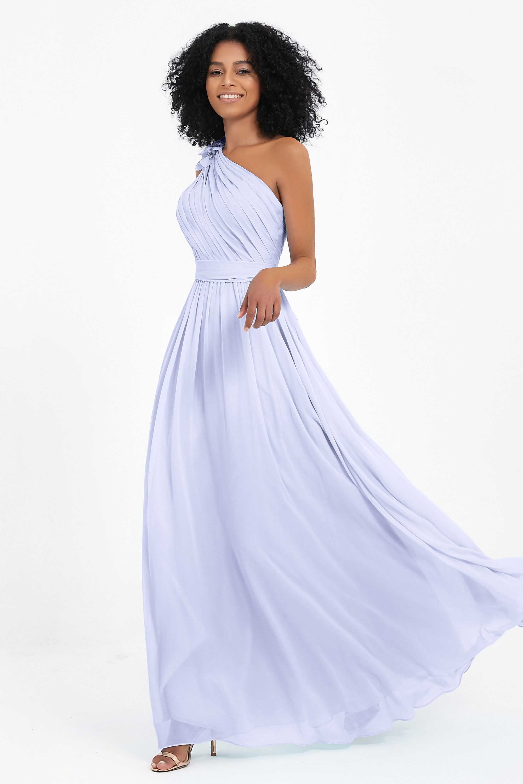 One Shoulder Chiffon Maxi Bridesmaid Dress Ruched Pleated Sleeveless Formal Evening Dresses