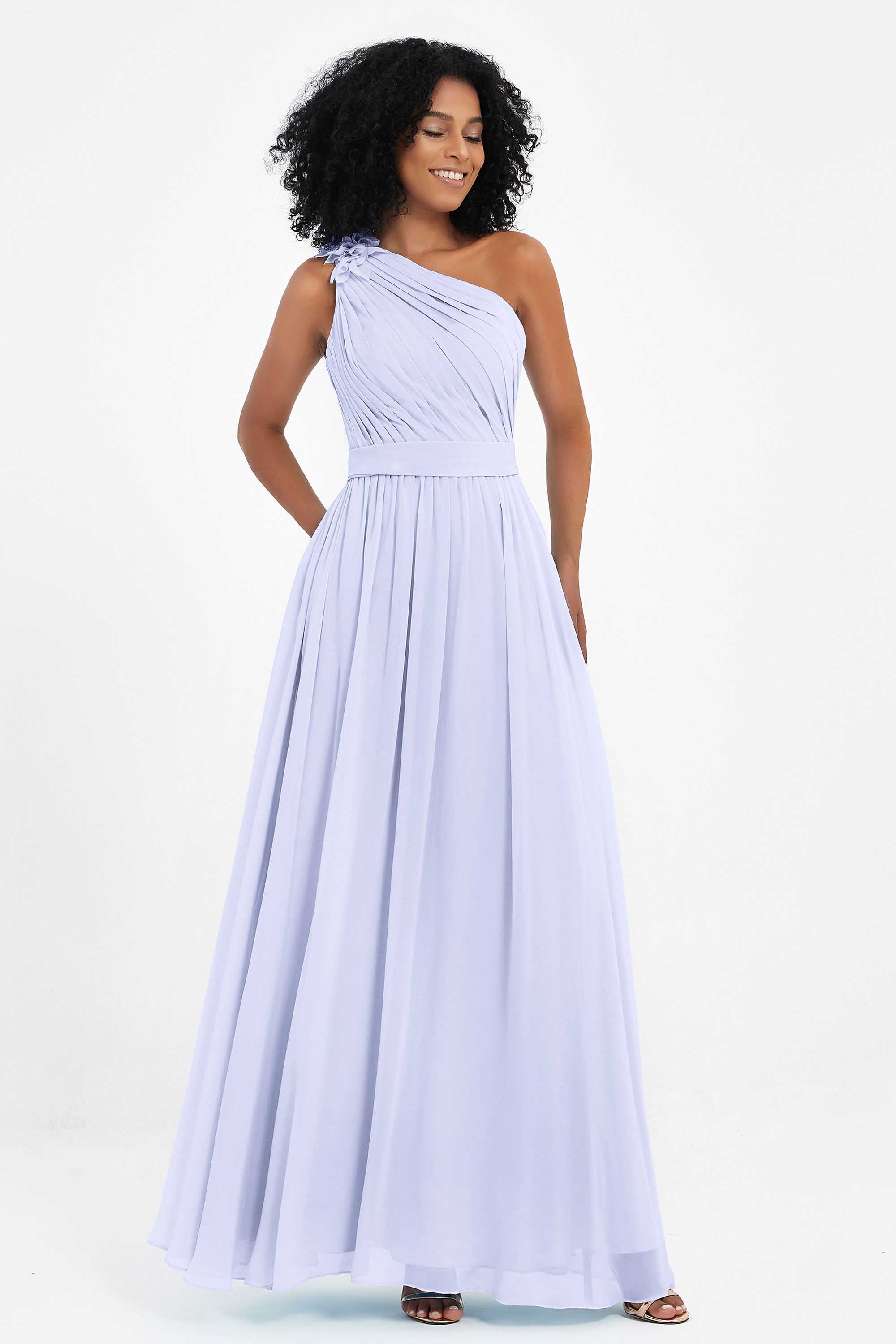 One Shoulder Chiffon Maxi Bridesmaid Dress Ruched Pleated Sleeveless Formal Evening Dresses