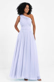 One Shoulder Chiffon Maxi Bridesmaid Dress Ruched Pleated Sleeveless Formal Evening Dresses