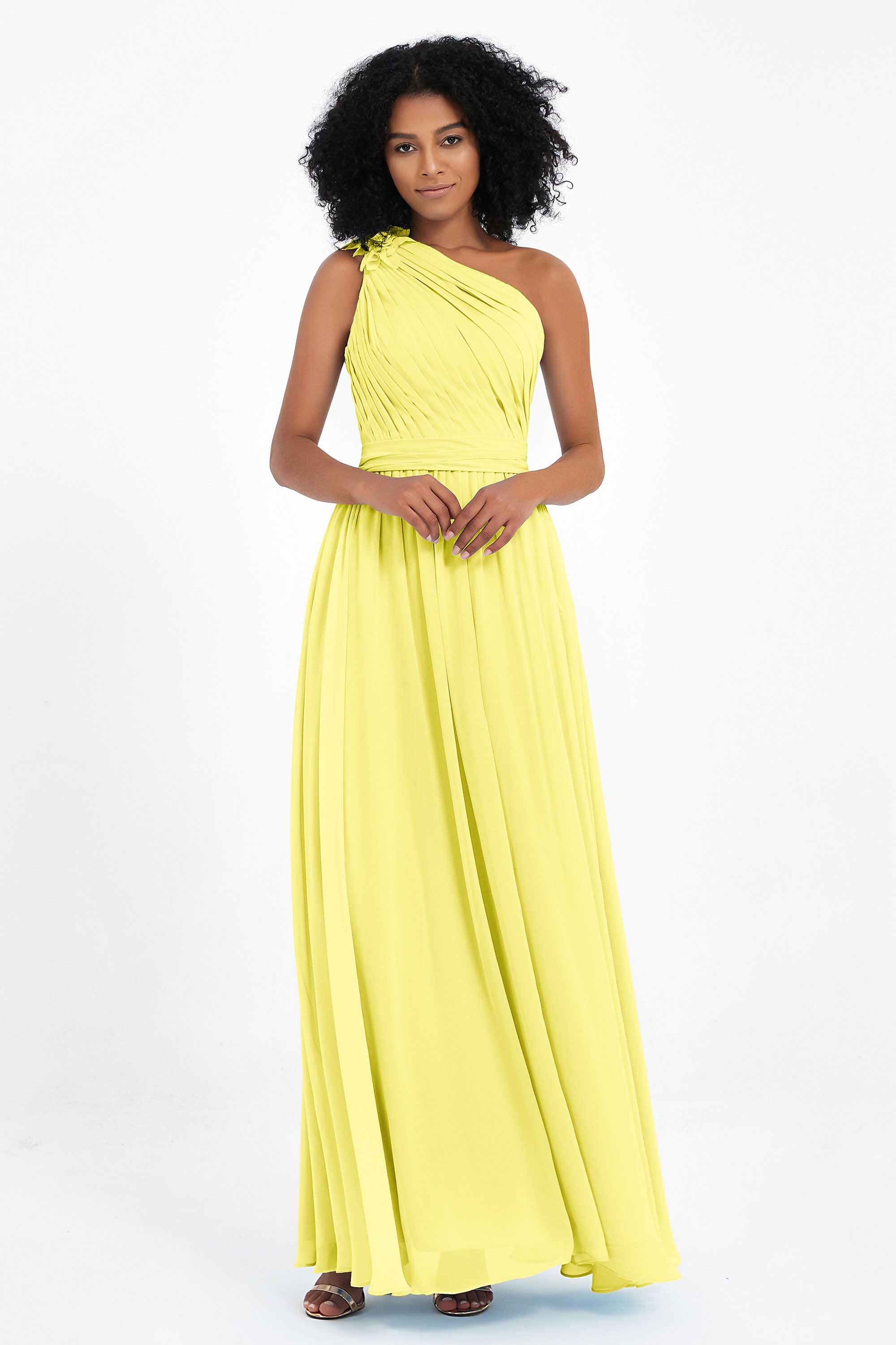 One Shoulder Chiffon Maxi Bridesmaid Dress Ruched Pleated Sleeveless Formal Evening Dresses