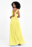 One Shoulder Chiffon Maxi Bridesmaid Dress Ruched Pleated Sleeveless Formal Evening Dresses