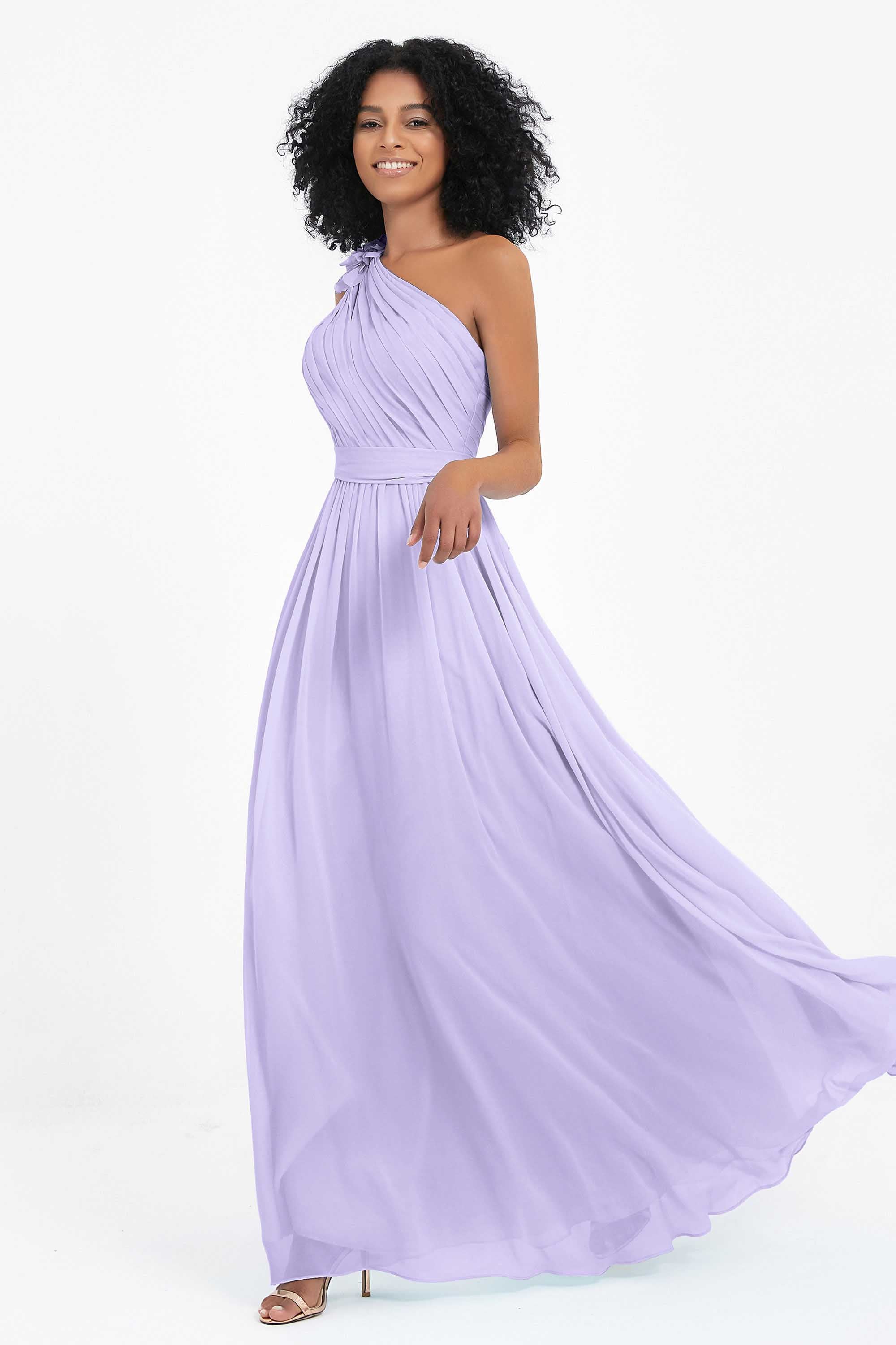 One Shoulder Chiffon Maxi Bridesmaid Dress Ruched Pleated Sleeveless Formal Evening Dresses