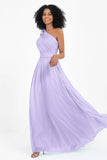One Shoulder Chiffon Maxi Bridesmaid Dress Ruched Pleated Sleeveless Formal Evening Dresses