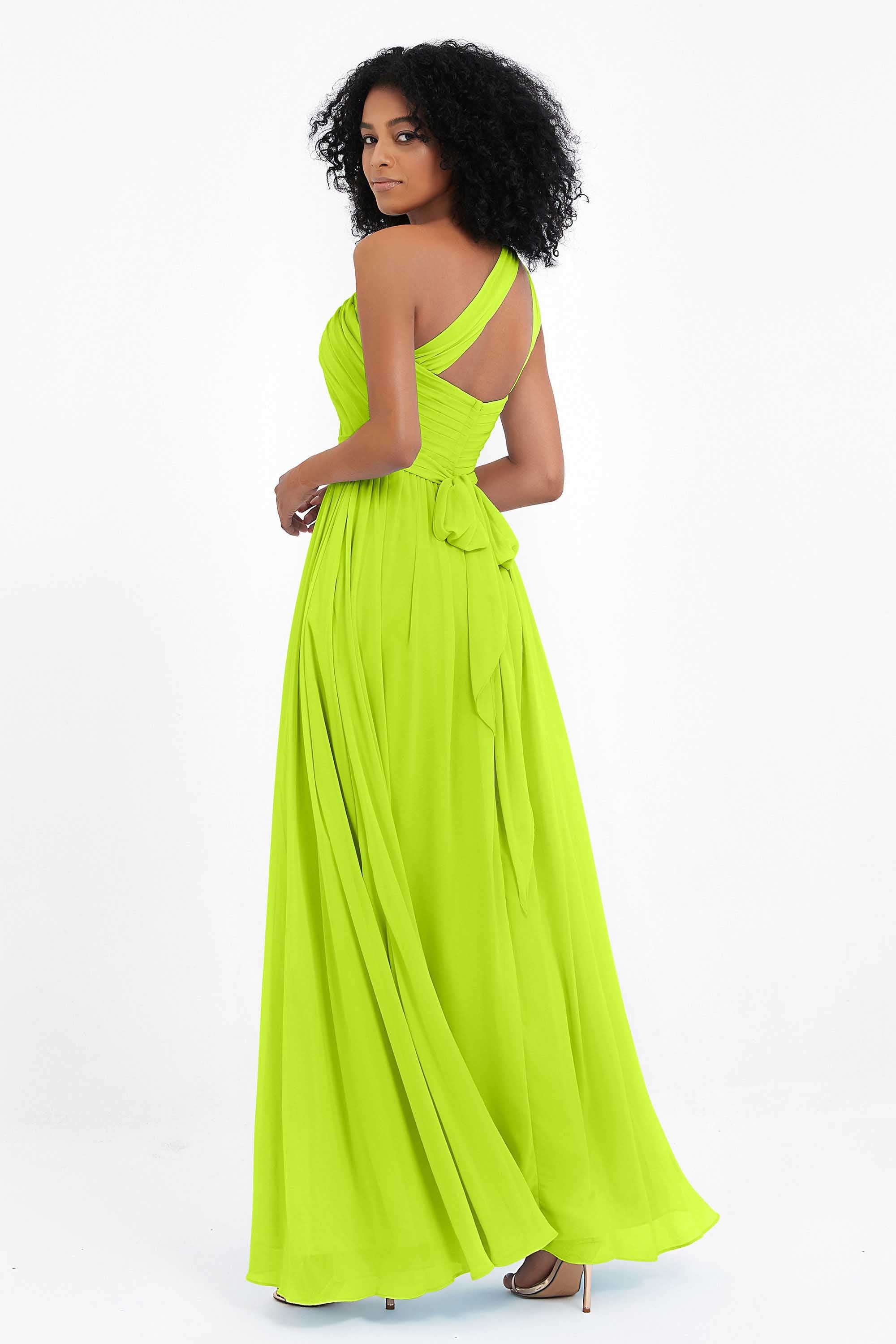 One Shoulder Chiffon Maxi Bridesmaid Dress Ruched Pleated Sleeveless Formal Evening Dresses