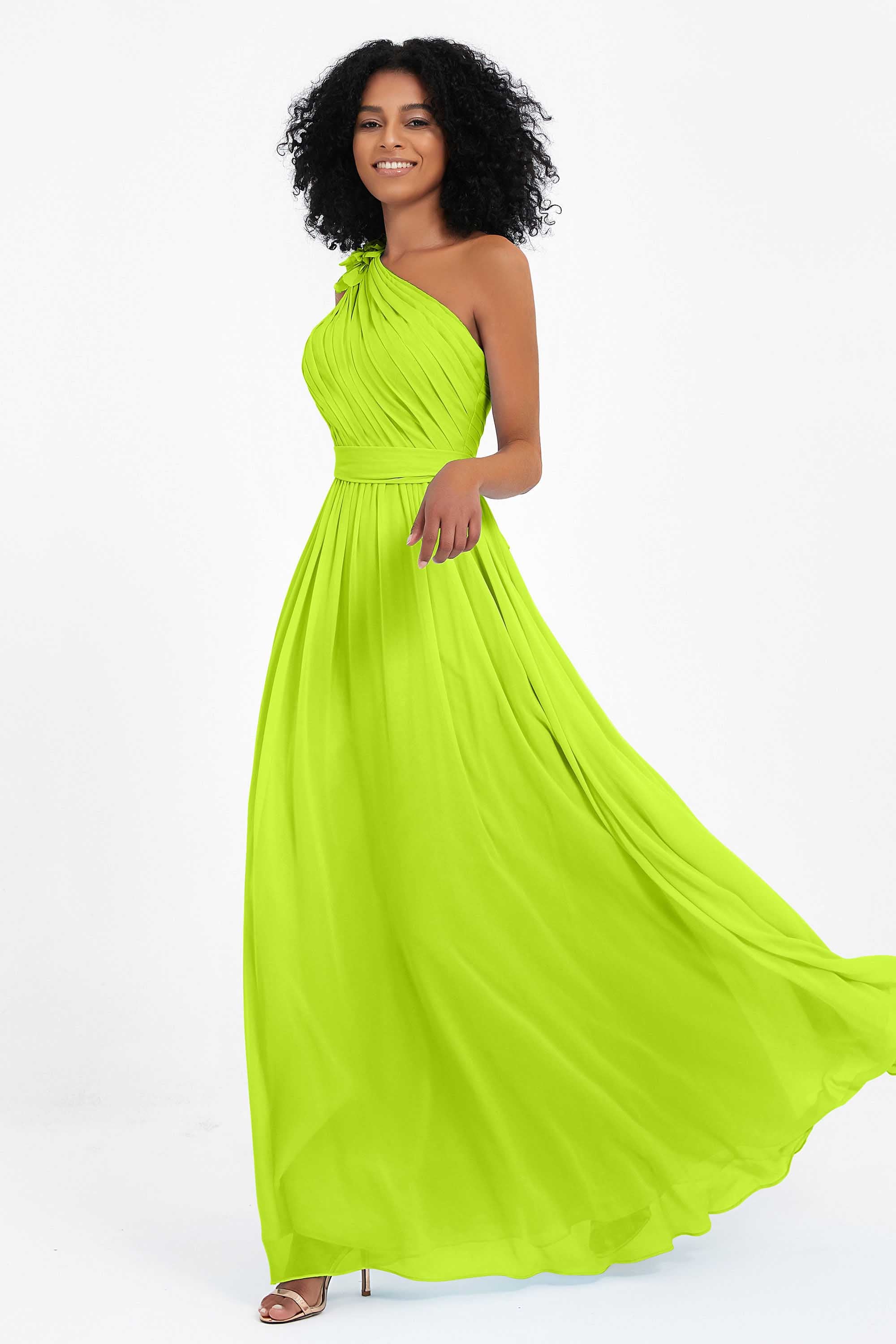 One Shoulder Chiffon Maxi Bridesmaid Dress Ruched Pleated Sleeveless Formal Evening Dresses