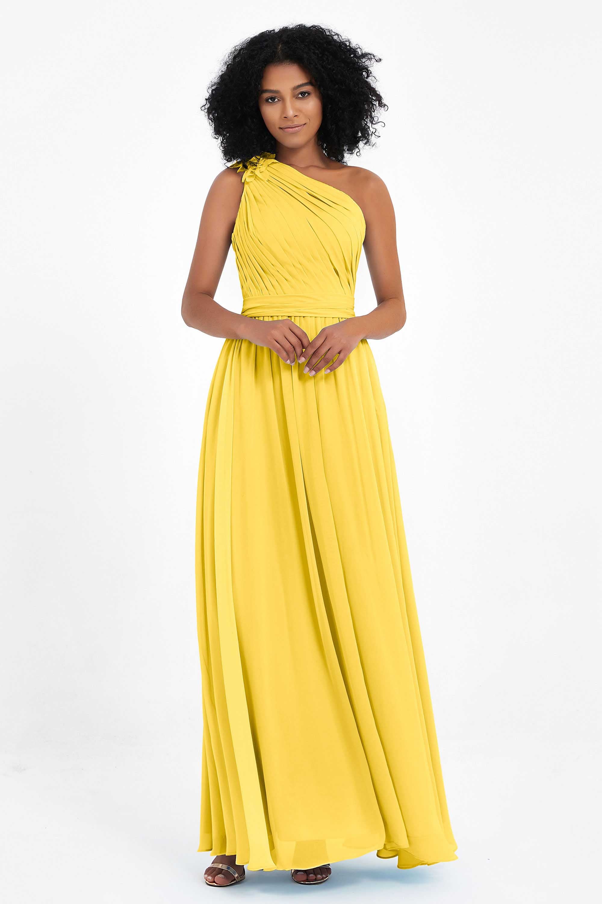 One Shoulder Chiffon Maxi Bridesmaid Dress Ruched Pleated Sleeveless Formal Evening Dresses