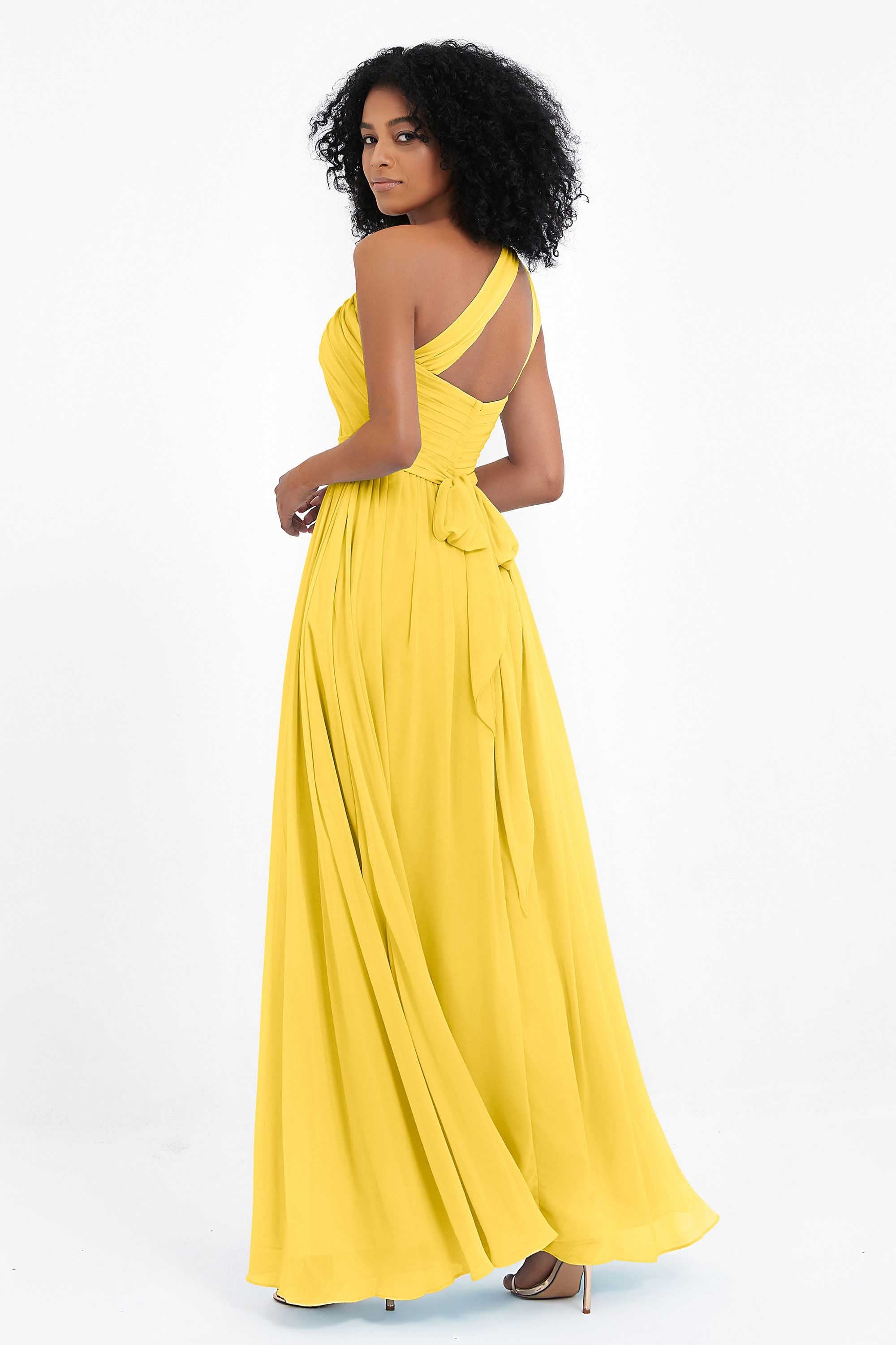 One Shoulder Chiffon Maxi Bridesmaid Dress Ruched Pleated Sleeveless Formal Evening Dresses