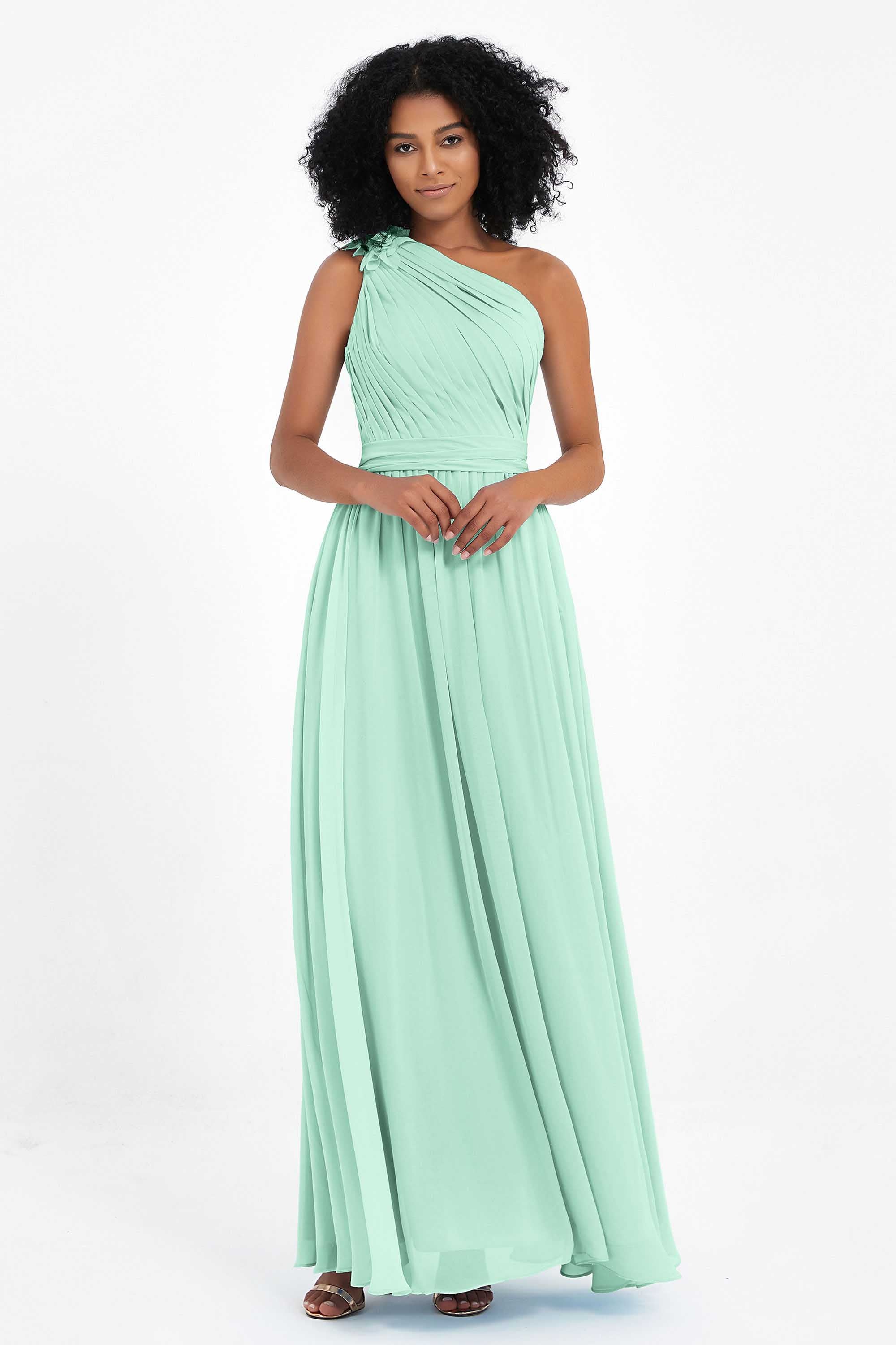 One Shoulder Chiffon Maxi Bridesmaid Dress Ruched Pleated Sleeveless Formal Evening Dresses