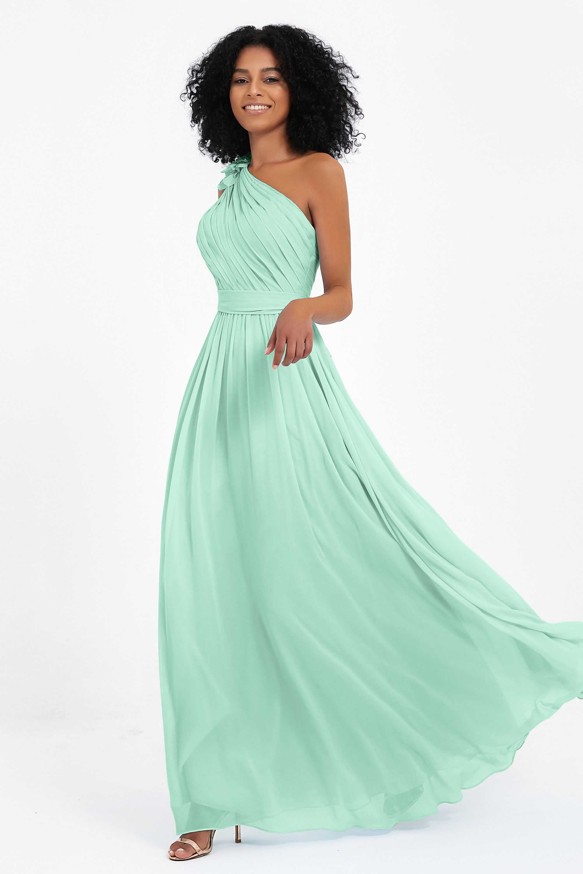 One Shoulder Chiffon Maxi Bridesmaid Dress Ruched Pleated Sleeveless Formal Evening Dresses