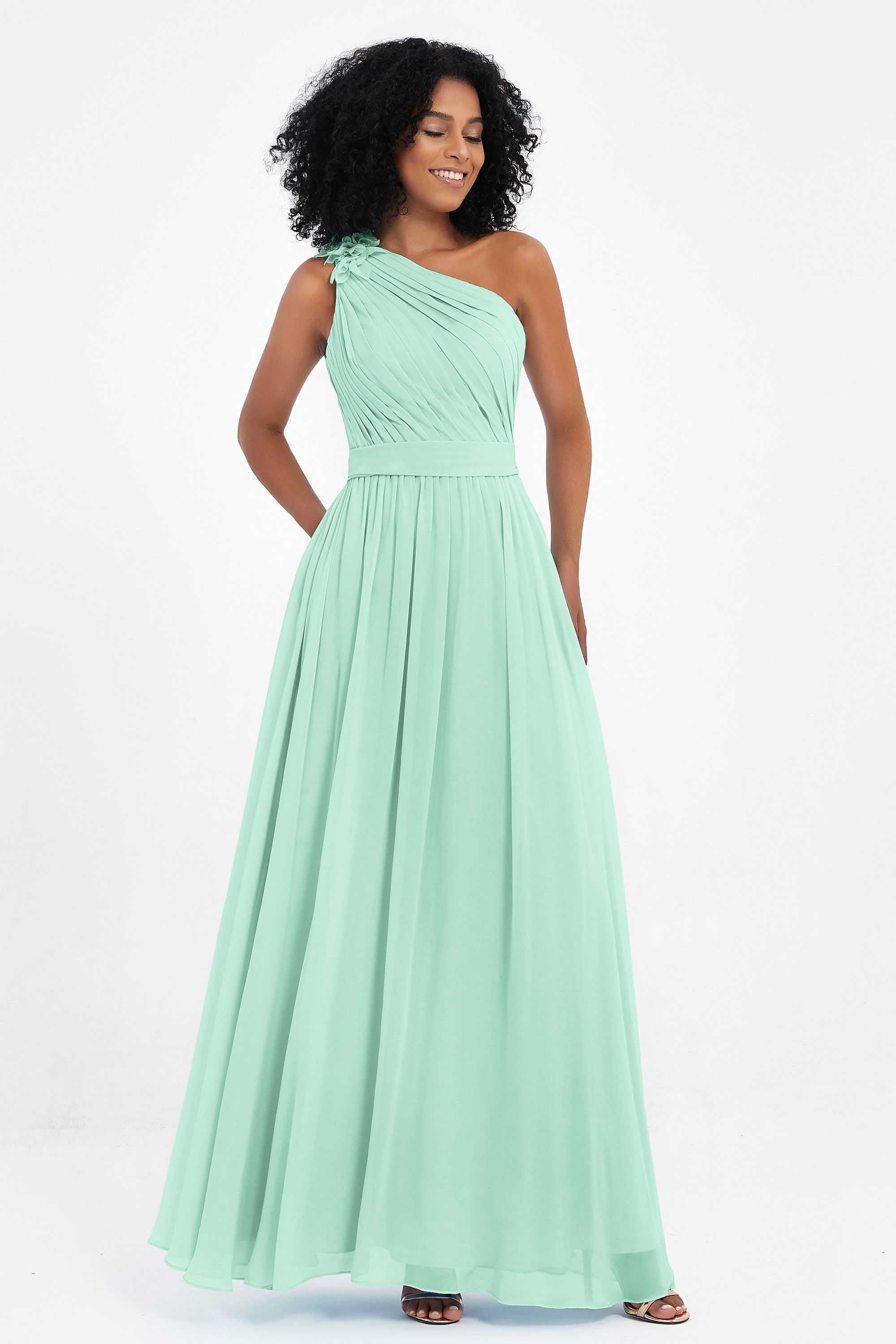 One Shoulder Chiffon Maxi Bridesmaid Dress Ruched Pleated Sleeveless Formal Evening Dresses