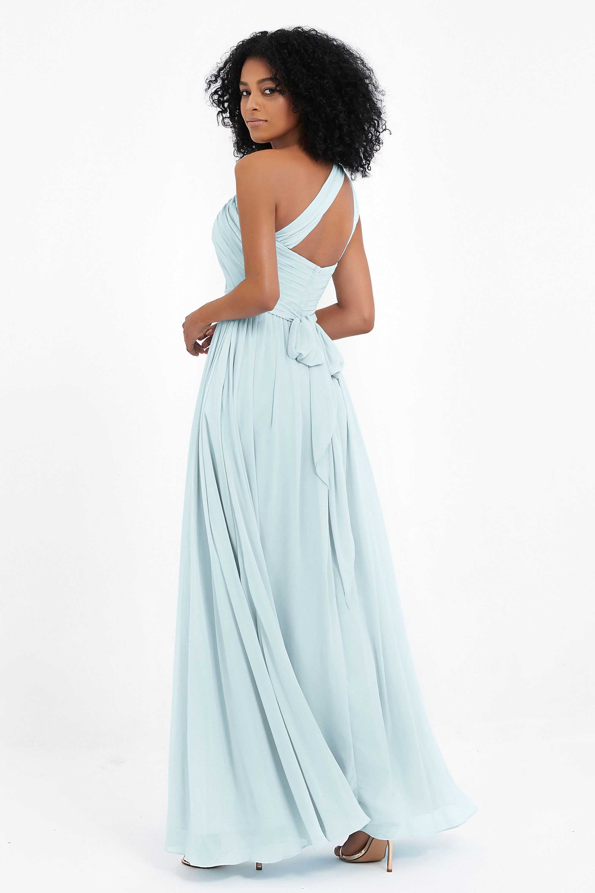 One Shoulder Chiffon Maxi Bridesmaid Dress Ruched Pleated Sleeveless Formal Evening Dresses