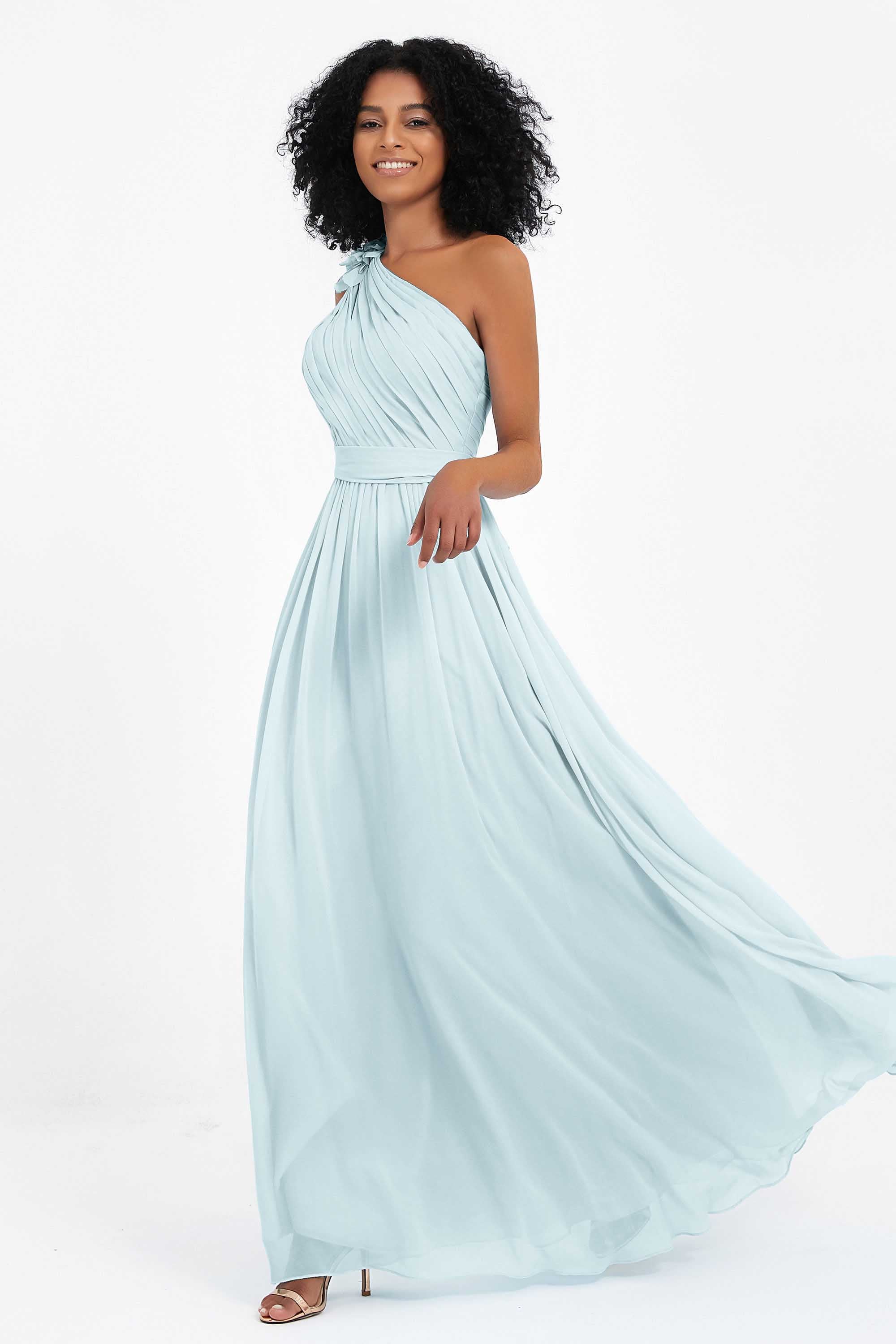 One Shoulder Chiffon Maxi Bridesmaid Dress Ruched Pleated Sleeveless Formal Evening Dresses