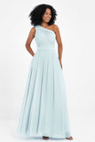 One Shoulder Chiffon Maxi Bridesmaid Dress Ruched Pleated Sleeveless Formal Evening Dresses