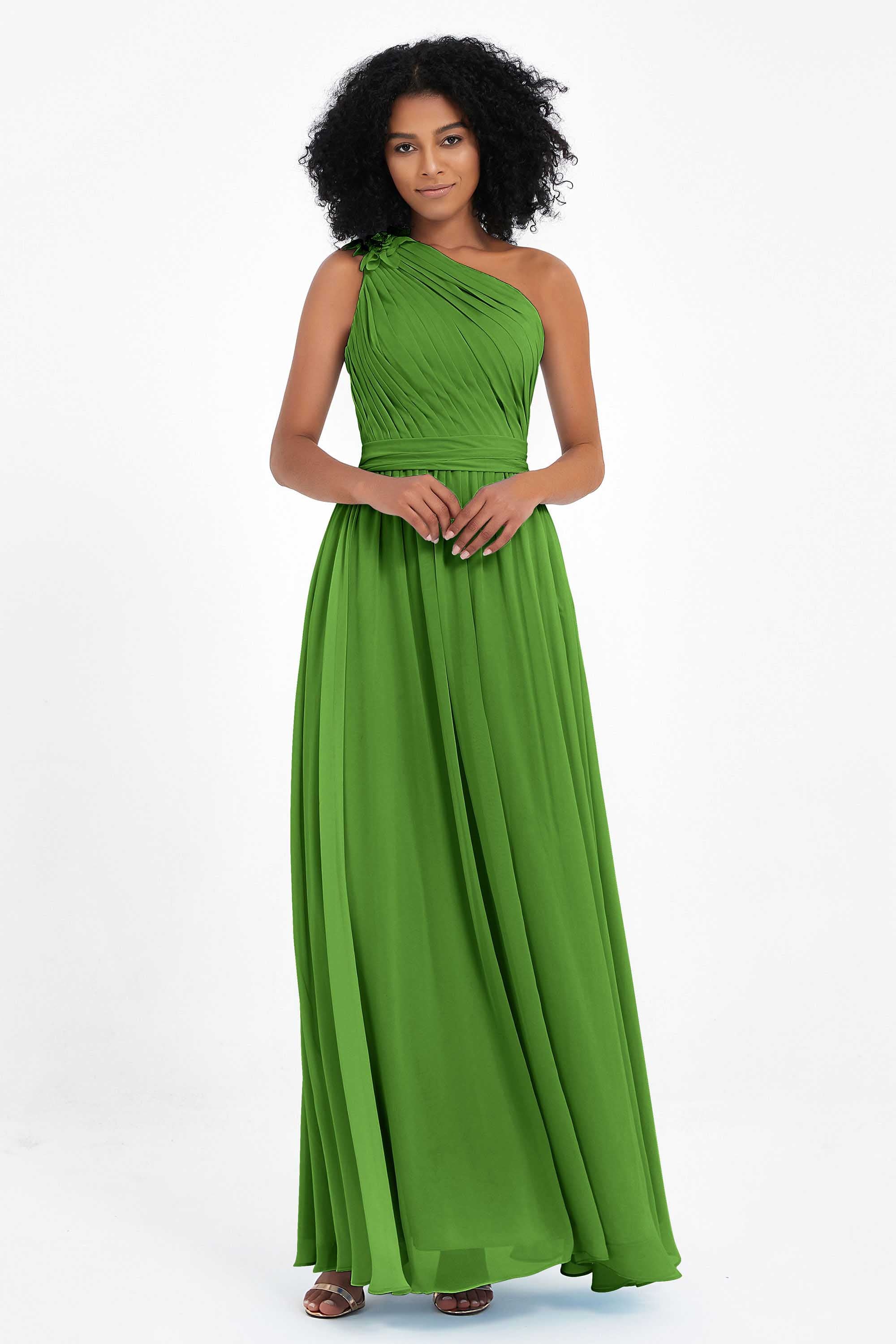 One Shoulder Chiffon Maxi Bridesmaid Dress Ruched Pleated Sleeveless Formal Evening Dresses