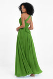 One Shoulder Chiffon Maxi Bridesmaid Dress Ruched Pleated Sleeveless Formal Evening Dresses