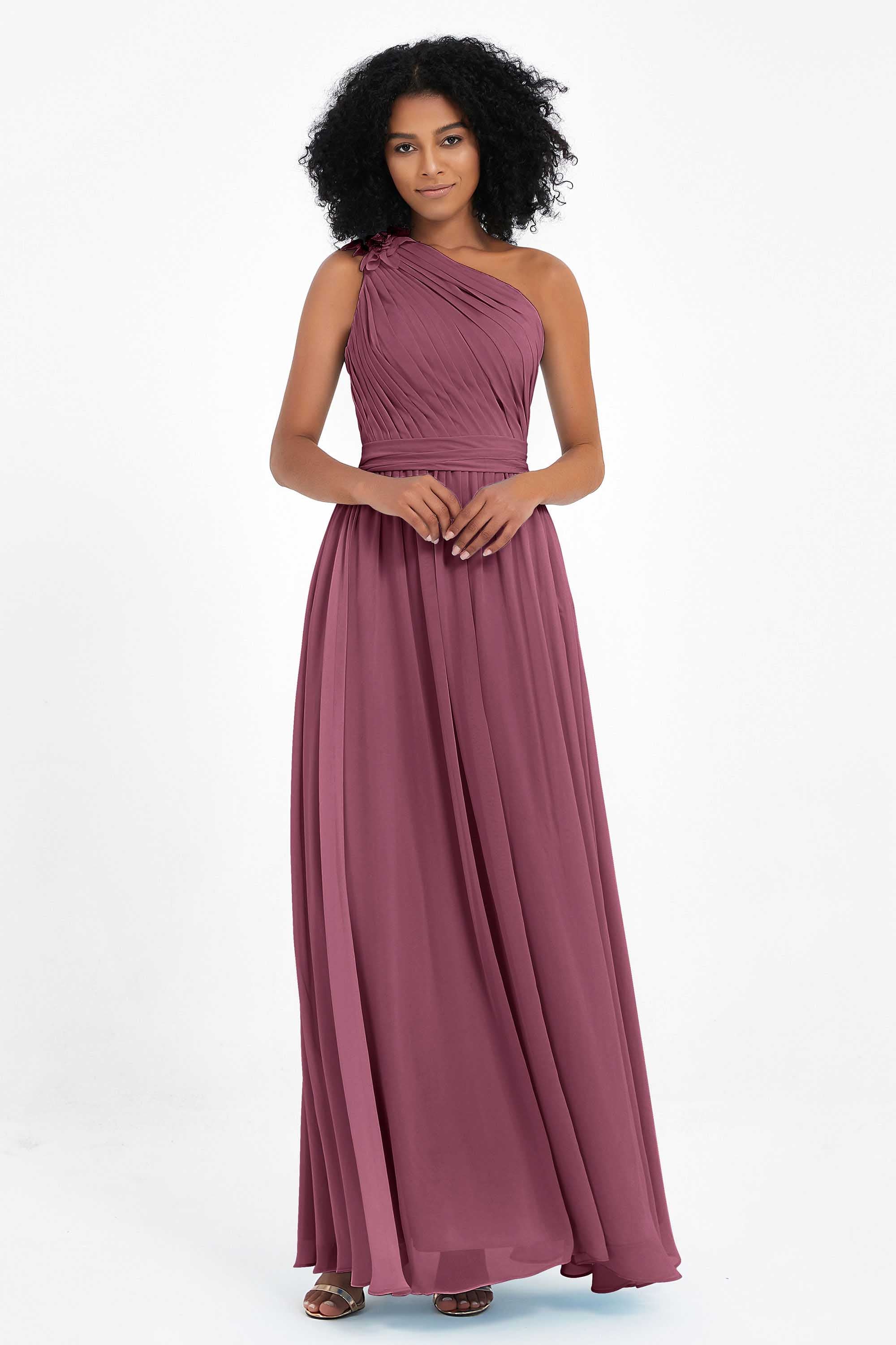 One Shoulder Chiffon Maxi Bridesmaid Dress Ruched Pleated Sleeveless Formal Evening Dresses