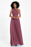 One Shoulder Chiffon Maxi Bridesmaid Dress Ruched Pleated Sleeveless Formal Evening Dresses