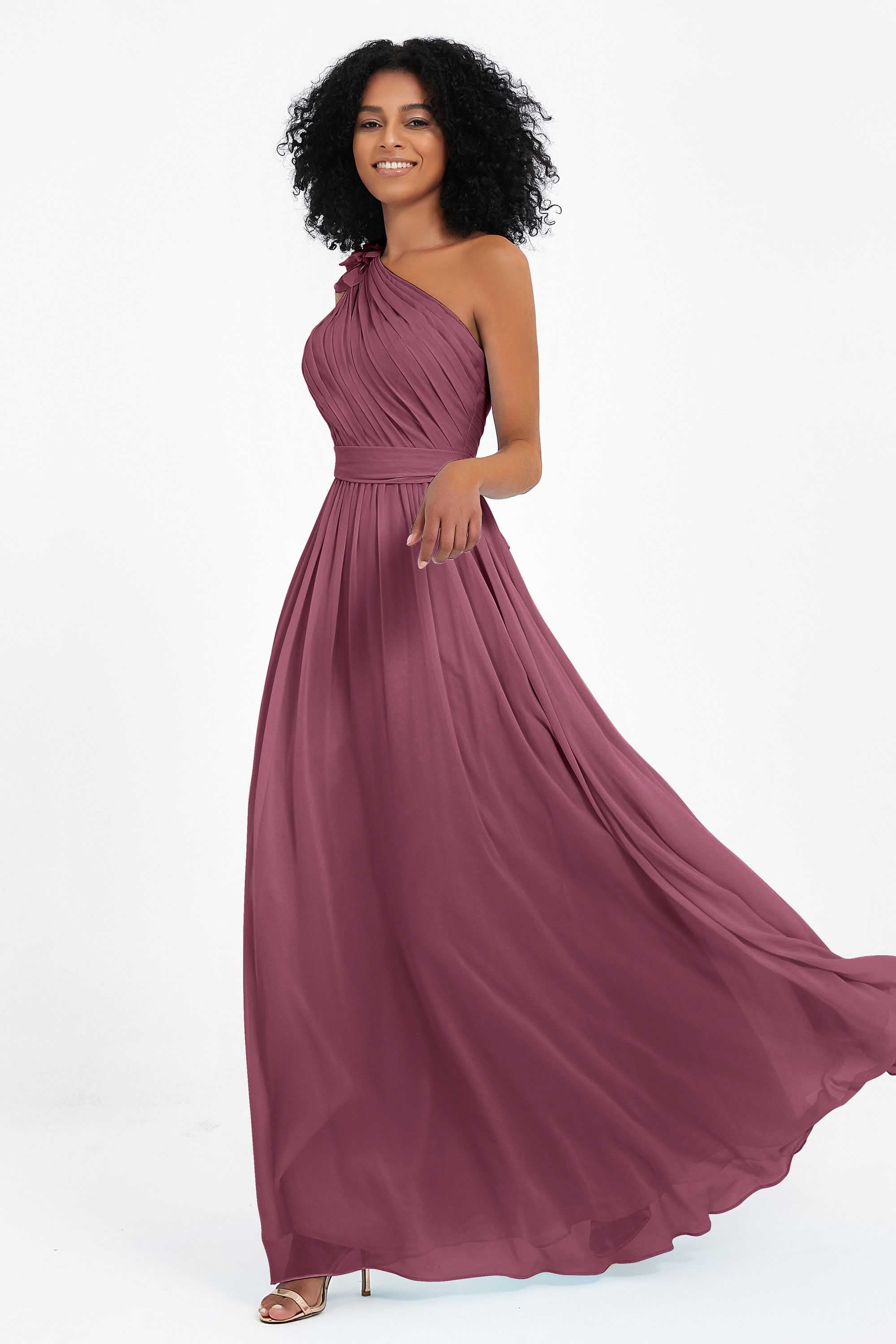 One Shoulder Chiffon Maxi Bridesmaid Dress Ruched Pleated Sleeveless Formal Evening Dresses