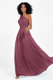 One Shoulder Chiffon Maxi Bridesmaid Dress Ruched Pleated Sleeveless Formal Evening Dresses