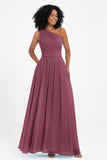 One Shoulder Chiffon Maxi Bridesmaid Dress Ruched Pleated Sleeveless Formal Evening Dresses