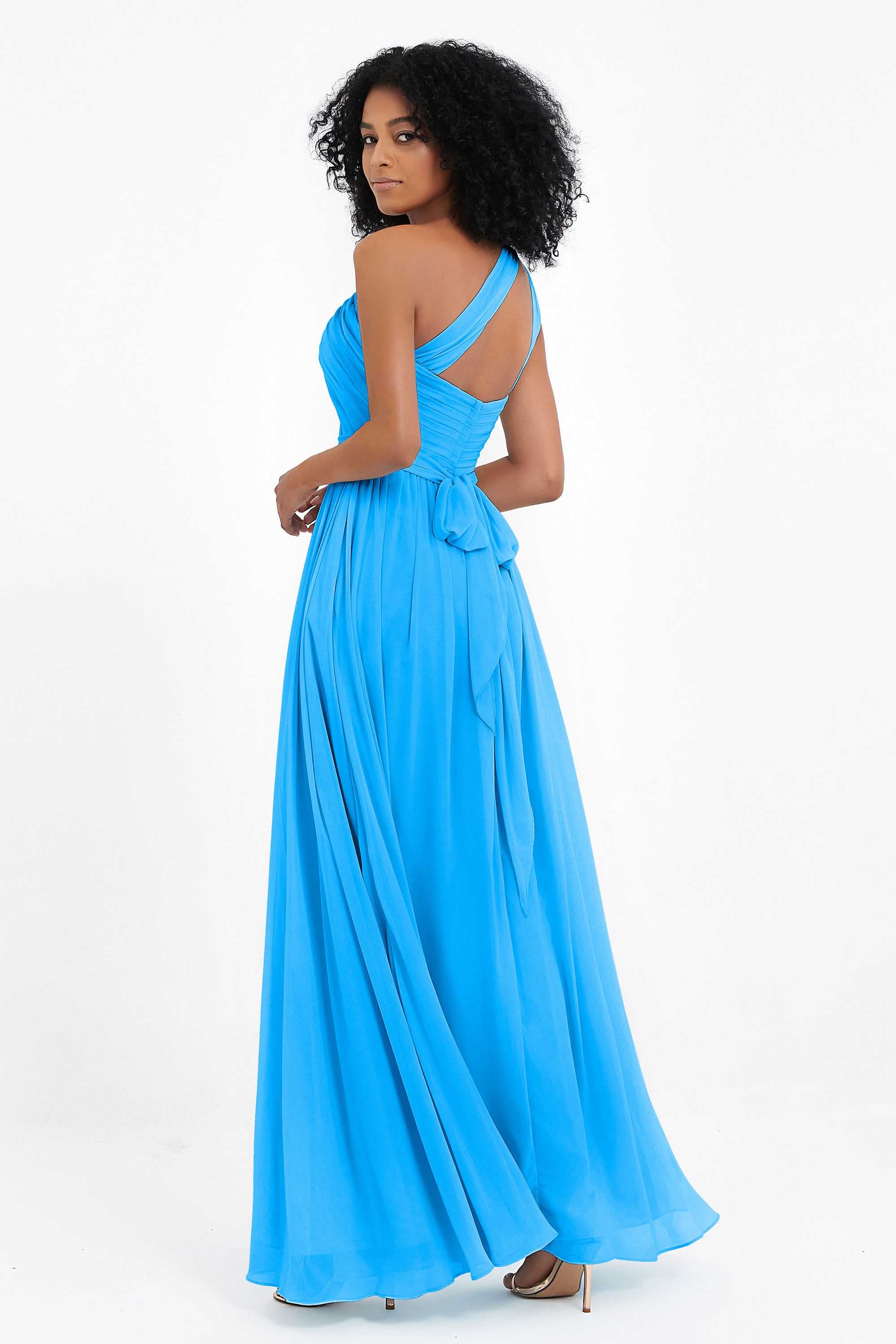 One Shoulder Chiffon Maxi Bridesmaid Dress Ruched Pleated Sleeveless Formal Evening Dresses