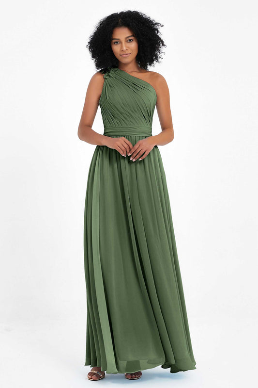 One Shoulder Chiffon Maxi Bridesmaid Dress Ruched Pleated Sleeveless Formal Evening Dresses