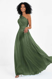 One Shoulder Chiffon Maxi Bridesmaid Dress Ruched Pleated Sleeveless Formal Evening Dresses