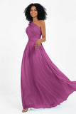 One Shoulder Chiffon Maxi Bridesmaid Dress Ruched Pleated Sleeveless Formal Evening Dresses