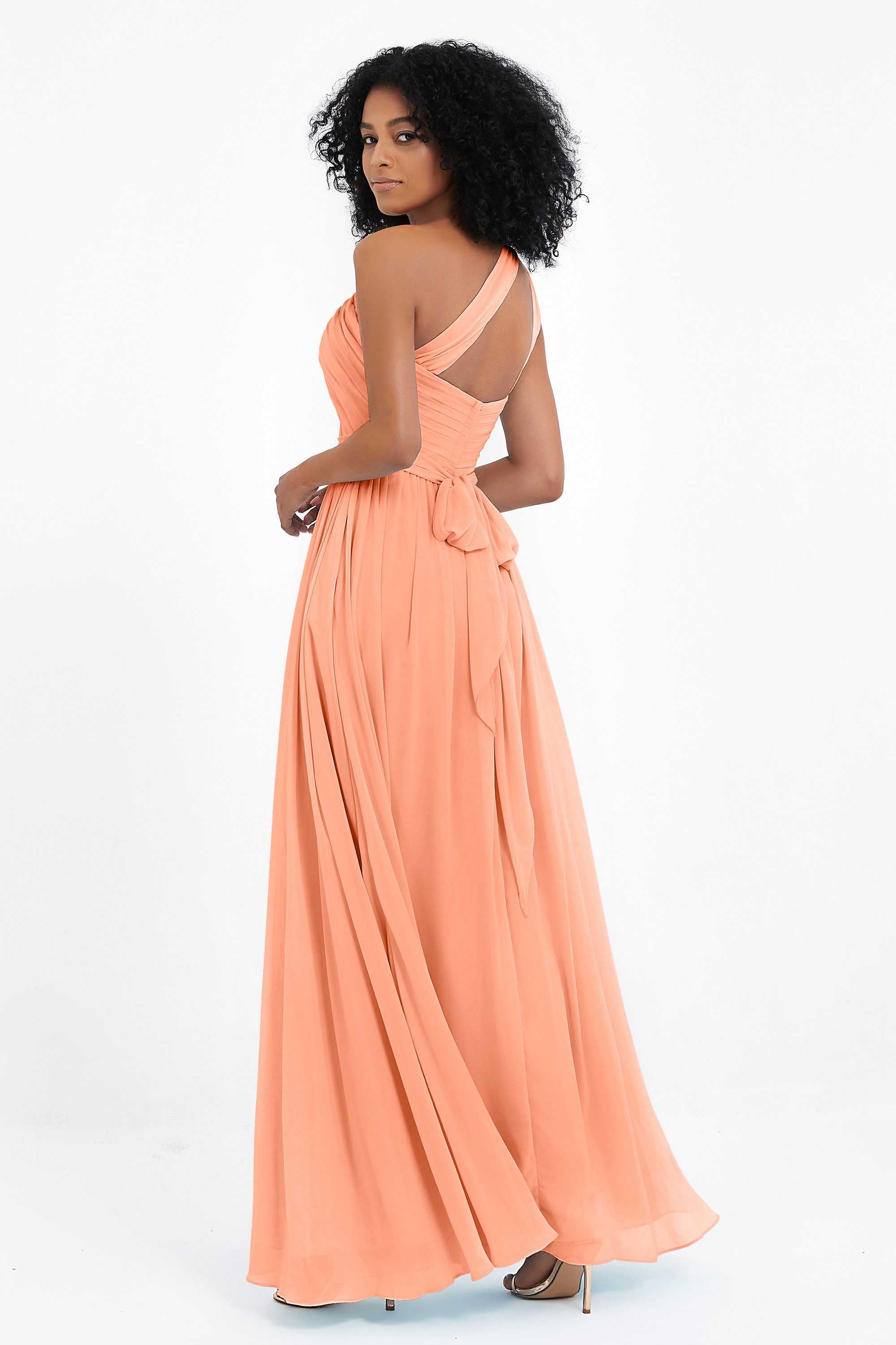 One Shoulder Chiffon Maxi Bridesmaid Dress Ruched Pleated Sleeveless Formal Evening Dresses
