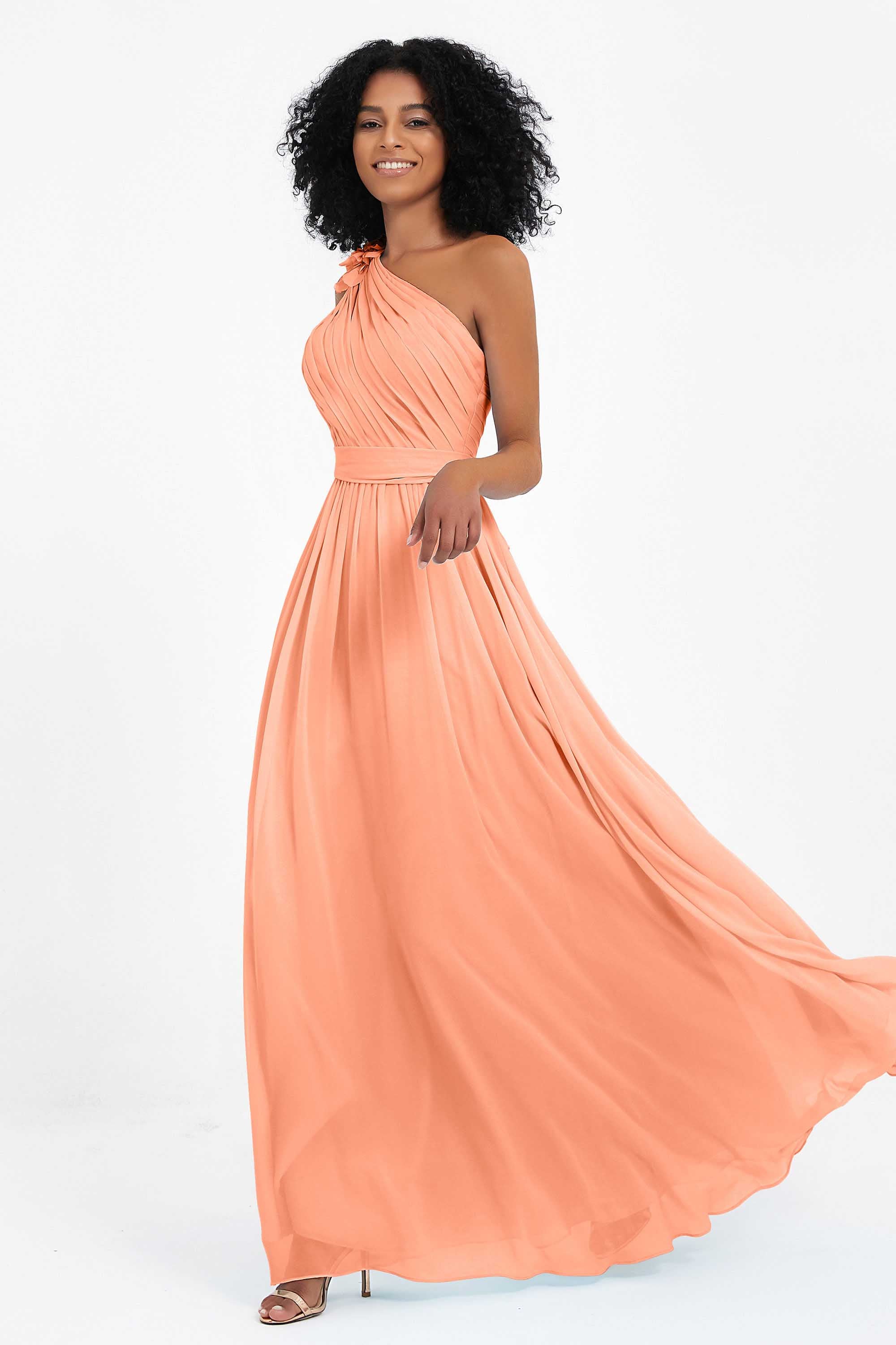 One Shoulder Chiffon Maxi Bridesmaid Dress Ruched Pleated Sleeveless Formal Evening Dresses