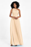 One Shoulder Chiffon Maxi Bridesmaid Dress Ruched Pleated Sleeveless Formal Evening Dresses
