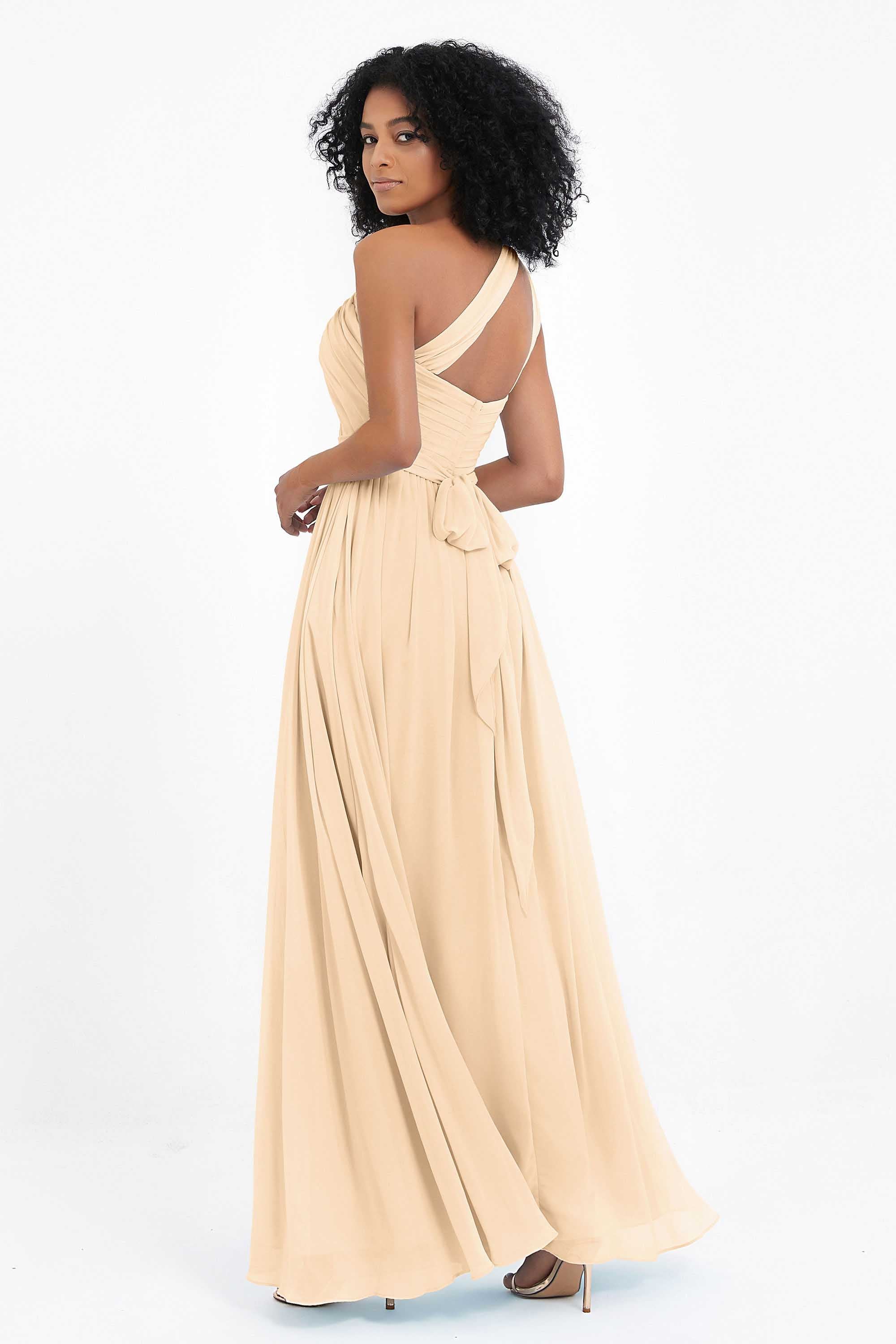 One Shoulder Chiffon Maxi Bridesmaid Dress Ruched Pleated Sleeveless Formal Evening Dresses