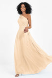 One Shoulder Chiffon Maxi Bridesmaid Dress Ruched Pleated Sleeveless Formal Evening Dresses