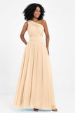 One Shoulder Chiffon Maxi Bridesmaid Dress Ruched Pleated Sleeveless Formal Evening Dresses