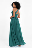 One Shoulder Chiffon Maxi Bridesmaid Dress Ruched Pleated Sleeveless Formal Evening Dresses