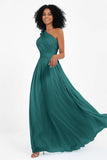 One Shoulder Chiffon Maxi Bridesmaid Dress Ruched Pleated Sleeveless Formal Evening Dresses