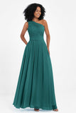 One Shoulder Chiffon Maxi Bridesmaid Dress Ruched Pleated Sleeveless Formal Evening Dresses